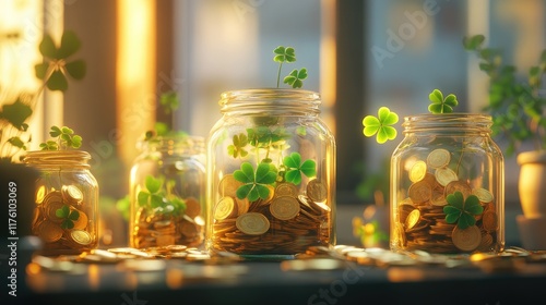 A scene featuring jars filled with golden coins and clovers, representing good luck and financial prosperity in a warm, inviting environment.