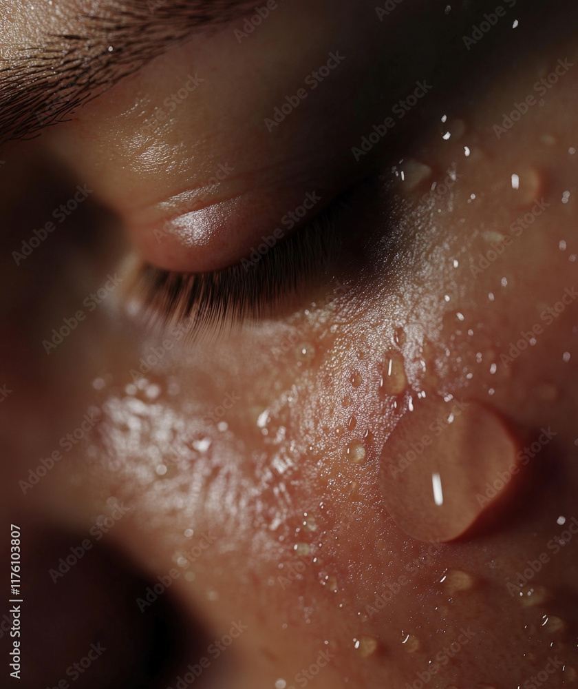 Close-up of a person experiencing refreshing water droplets on their skin, highlighting texture and moisture, captured during a serene moment of relaxation Close-up of a person experiencing refreshing water droplets on their skin, highlighting texture and moisture, captured during a serene moment of relaxation