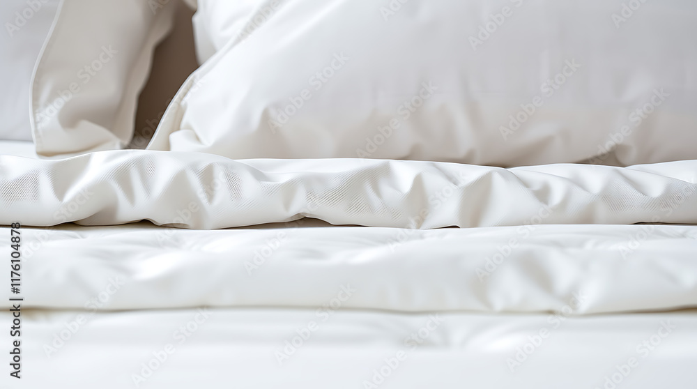Close-up of a neatly made bed with off-white sheets and pillows. The bedding is smooth with subtle wrinkles, suggesting a recently made bed. The overall color palette is a consistent, light off-white Close-up of a neatly made bed with off-white sheets and pillows. The bedding is smooth with subtle wrinkles, suggesting a recently made bed. The overall color palette is a consistent, light off-white