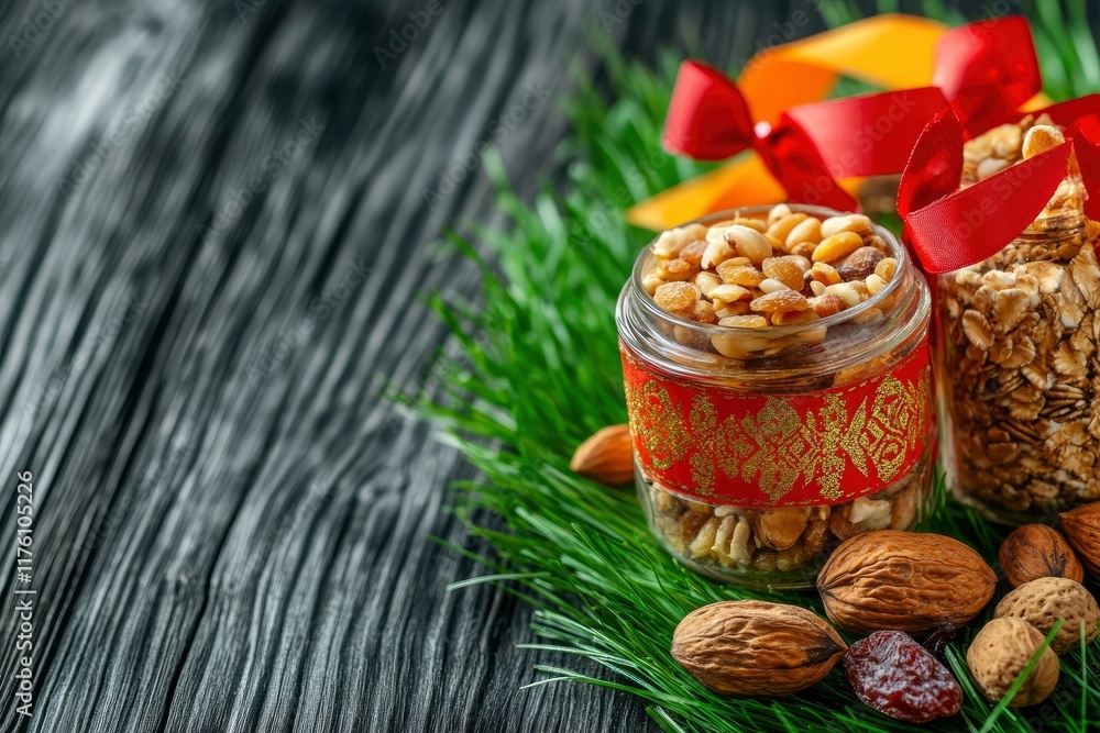 Happy Nowruz holiday background. Celebrating Nowruz new year sweets and treats, dried fruits, nuts, seeds, wooden background with green grass and festive red ribbon, copy space 