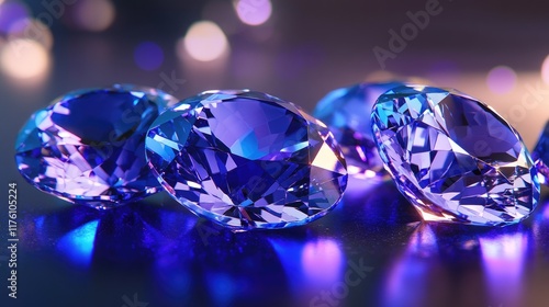 A stunning display of tanzanite gemstones glistening on a glossy surface, their rich violet-blue hues captivating under soft lighting.