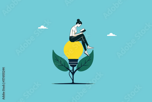Illuminated by Knowledge, A Joyful Woman Reading a Book While Sitting on a Lightbulb Flower Growing from a Vibrant Plant