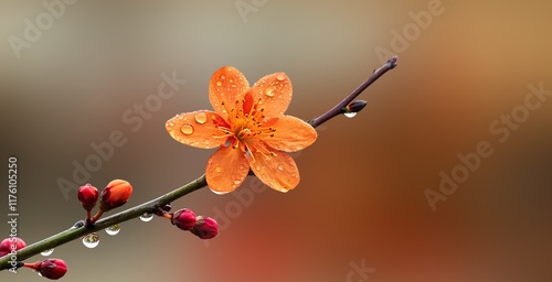 Fototapeta Naklejka Na Ścianę i Meble -  orange flower on a tree
Vibrant Orange Flower on Branch with Water Droplets in Nature