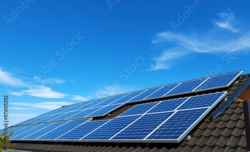 Wallpaper Mural solar panels, rooftop installation, blue sky, white clouds, renewable energy, photovoltaic technology, sustainable power, sunny day, clean energy, eco-friendly, grid array, residential solar, angular  Torontodigital.ca