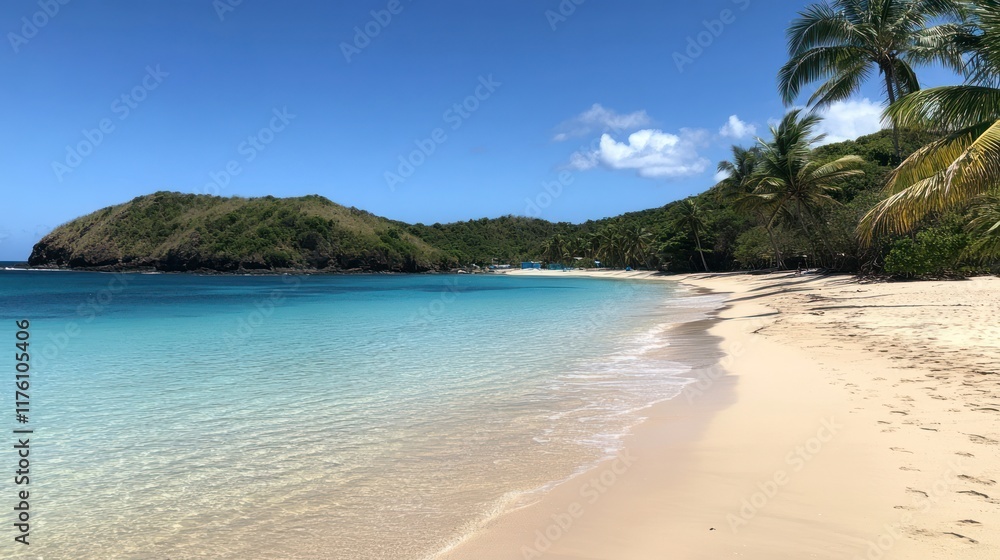 A sandy beach in Fernando de Noronha, crystal-clear waters and palm trees swaying in the wind A sandy beach in Fernando de Noronha, crystal-clear waters and palm trees swaying in the wind