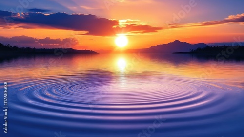 A stunning sunset reflecting on the calm surface of a serene lake, with gentle ripples creating a peaceful and harmonious scene.