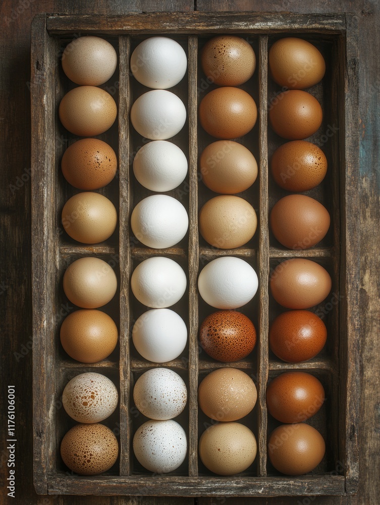 Fresh brown and white eggs arranged in a wooden crate at a vibrant market. - ai Fresh brown and white eggs arranged in a wooden crate at a vibrant market. - ai
