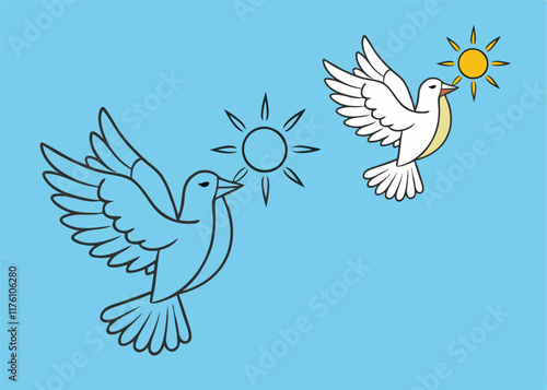 

"Graceful white dove soaring freely with radiant sunshine feathers, symbolizing peace and freedom. A beautiful vector-style coloring page for creativity and relaxation."