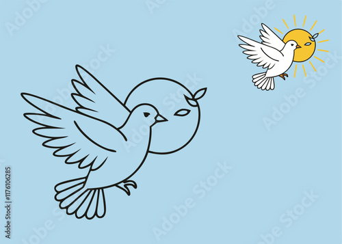 

"Graceful white dove soaring freely with radiant sunshine feathers, symbolizing peace and freedom. A beautiful vector-style coloring page for creativity and relaxation."