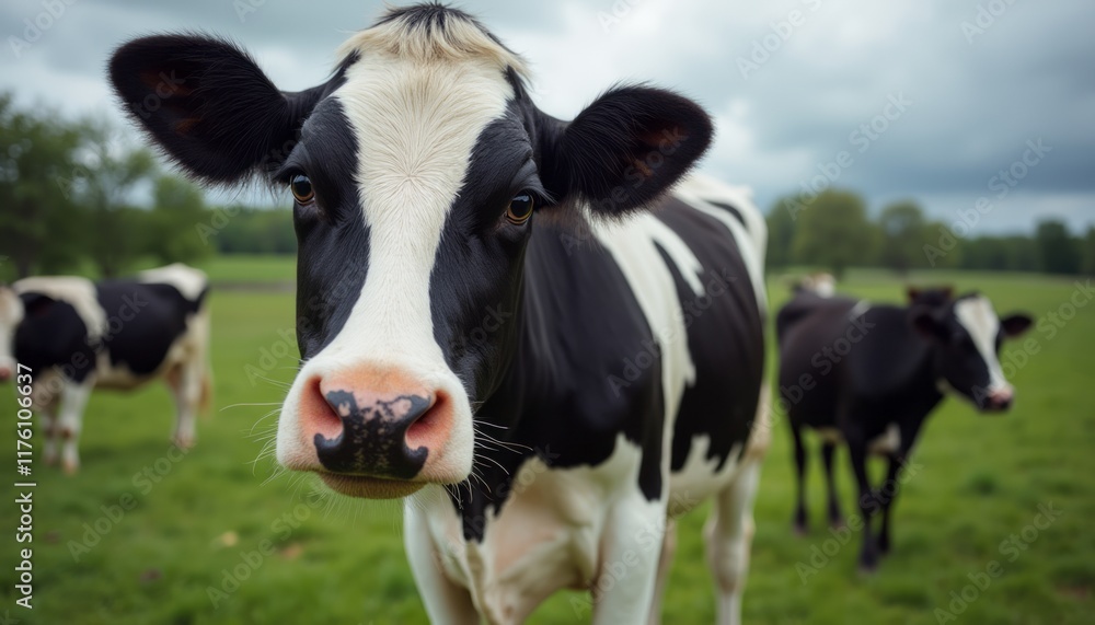 A striking Holstein cow stands prominently in a lush green field, her big, expressive eyes capturing the viewers attention. Surrounded by fellow cows under a moody sky, this image evokes a sense of A striking Holstein cow stands prominently in a lush green field, her big, expressive eyes capturing the viewers attention. Surrounded by fellow cows under a moody sky, this image evokes a sense of