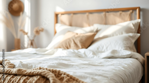 White Linen Bed with Beige Pillows and Knitted Throw