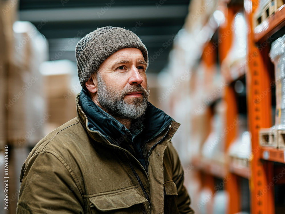 Man with grey beard and beanie observes inventory in a warehouse aisle during daytime, surrounded by shelves filled with packed goods and boxes Man with grey beard and beanie observes inventory in a warehouse aisle during daytime, surrounded by shelves filled with packed goods and boxes