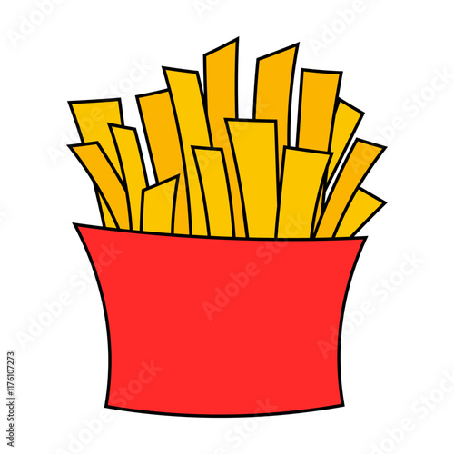French Fries in a cardboard package. Delicious popular Fast food. Vector illustration isolated on white background.