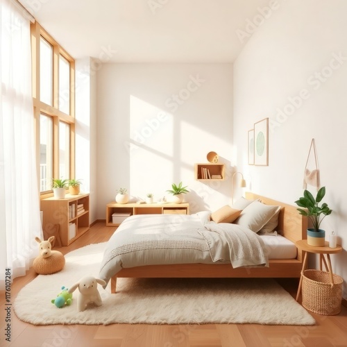 a bright and cozy nursery designed with a minimalist aesthetic. Bed. Flooring. Windows. Decor. Furniture. Soft Toys. Lighting. Shadows. 