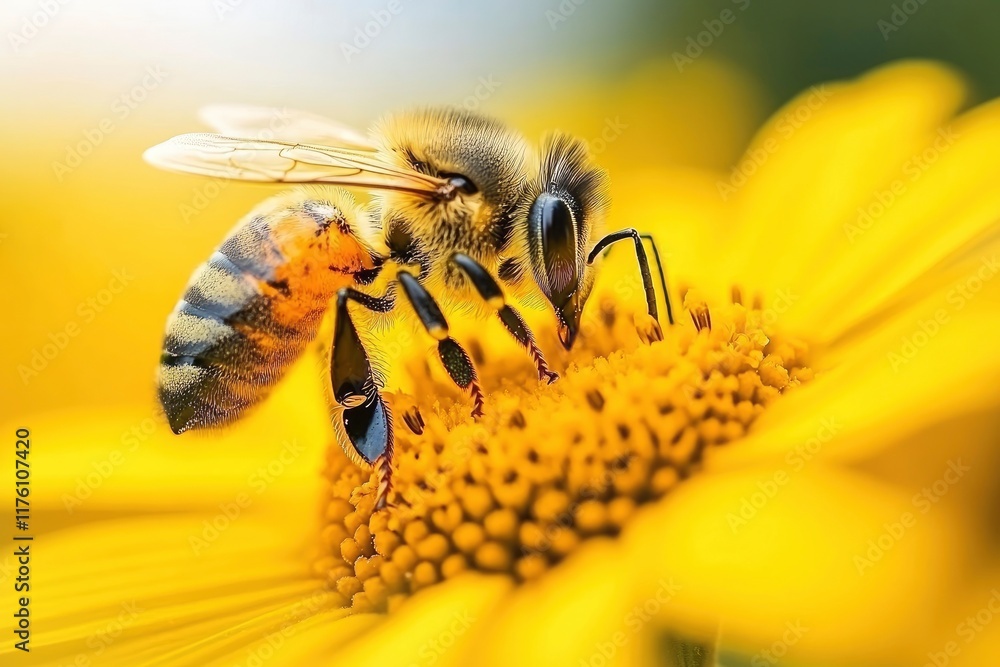 Honey bee collecting pollen and nectar from yellow flowers on a sunny spring day Honey bee collecting pollen and nectar from yellow flowers on a sunny spring day