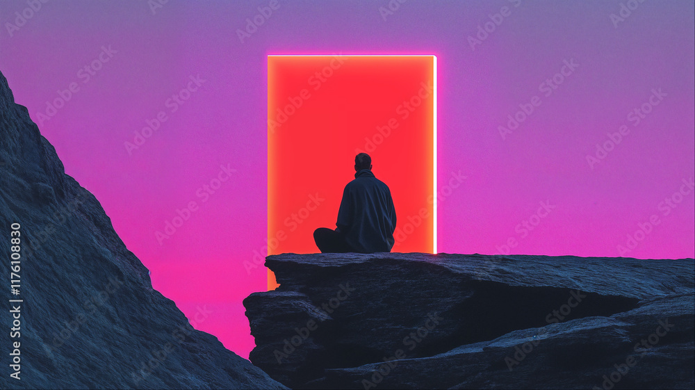 Silhouette of person meditating before neon portal on mountain peak, Spiritual contemplation concept Silhouette of person meditating before neon portal on mountain peak, Spiritual contemplation concept