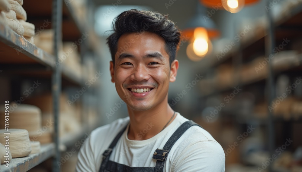 Fototapeta premium A cheerful young Asian man stands confidently in a pottery studio, surrounded by shelves filled with ceramic pieces. His bright smile and casual attire reflect his passion for craftsmanship and