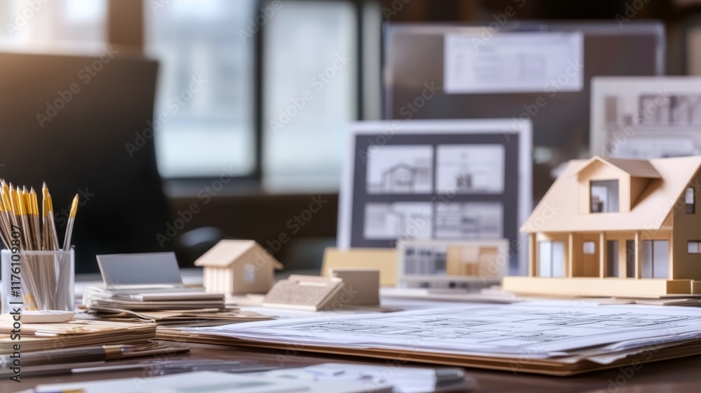 Artistic Capture of a Creative Workspace Featuring Architectural Models and Design Materials Artistic Capture of a Creative Workspace Featuring Architectural Models and Design Materials