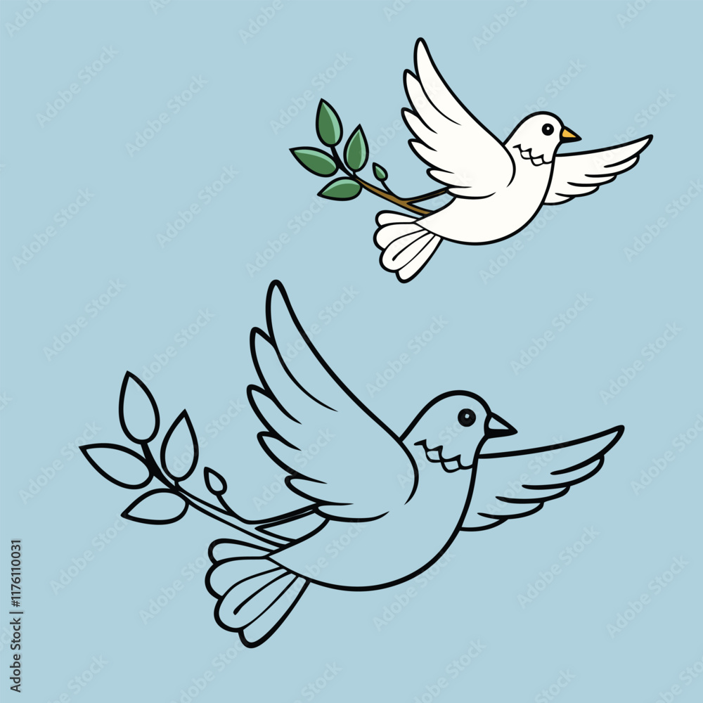 Fototapeta premiumA peaceful flying dove carrying an olive branch in its beak, with detailed outlines perfect for coloring. Symbolizes hope, harmony, and tranquility.