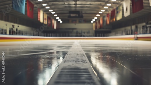 smooth, empty ice rink with fresh Zamboni tracks, faint reflections on the ice, and blurry, colorful banners photo