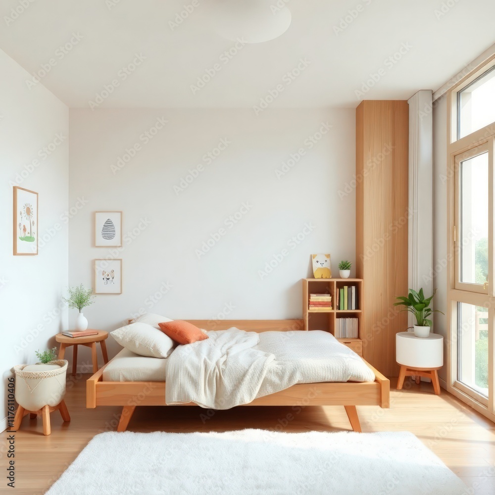 a bright and cozy nursery designed with a minimalist aesthetic. Bed. Flooring. Windows. Decor. Furniture. Soft Toys. Lighting. Shadows. a bright and cozy nursery designed with a minimalist aesthetic. Bed. Flooring. Windows. Decor. Furniture. Soft Toys. Lighting. Shadows.