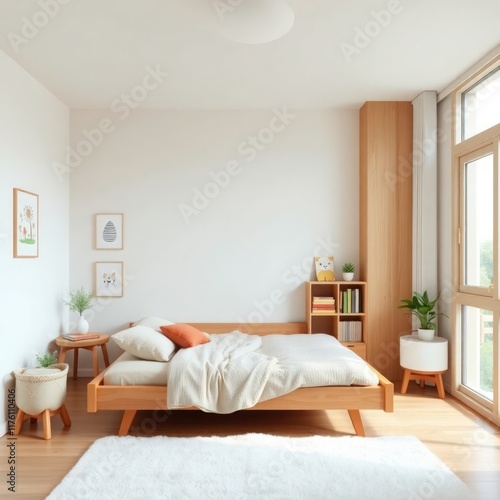 a bright and cozy nursery designed with a minimalist aesthetic. Bed. Flooring. Windows. Decor. Furniture. Soft Toys. Lighting. Shadows. 