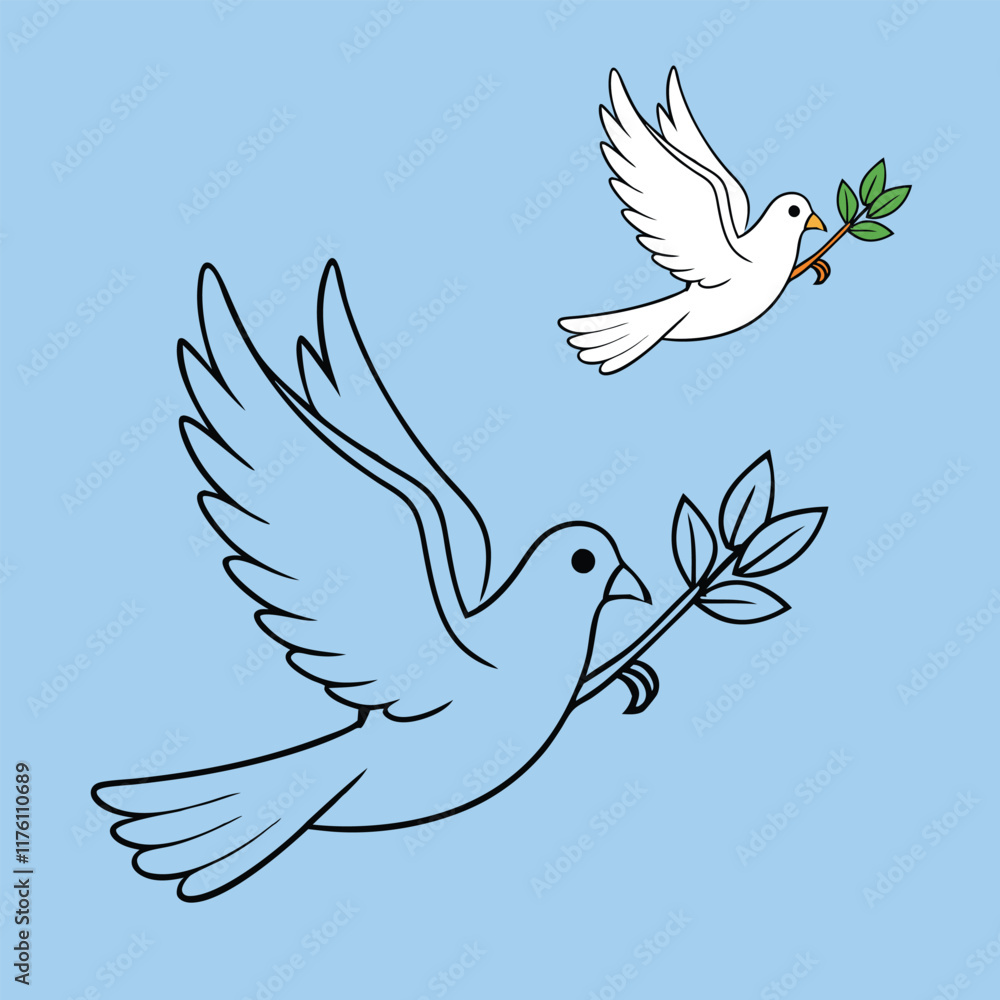 Obraz premiumA peaceful flying dove carrying an olive branch in its beak, with detailed outlines perfect for coloring. Symbolizes hope, harmony, and tranquility.