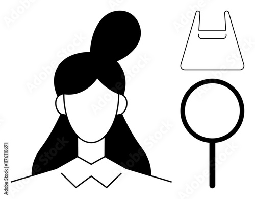 Minimalist female character with a bun, collar, plastic bag shape, and magnifying glass. Ideal for identity, search, investigation, eco-awareness, consumerism simplicity and modern lifestyle