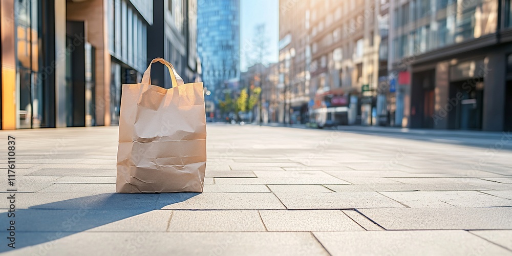 Obraz premium Brown paper bag on city sidewalk.