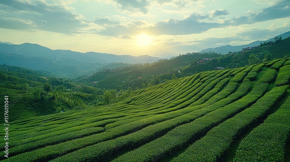 Lush green tea fields under a serene sunset, showcasing nature's beauty and agricultural landscapes. Lush green tea fields under a serene sunset, showcasing nature's beauty and agricultural landscapes.