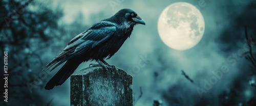 Raven Perched on a Gravestone Under a Full Moon