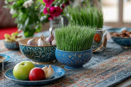 Iranian haft seen, green wheat grass,apple,sumac powder,garlic, vinegar,coins and senjed in the blue Plates,Traditional celebration of spring in March, Nowruz Holiday,Cultural feast.copy space.  photo