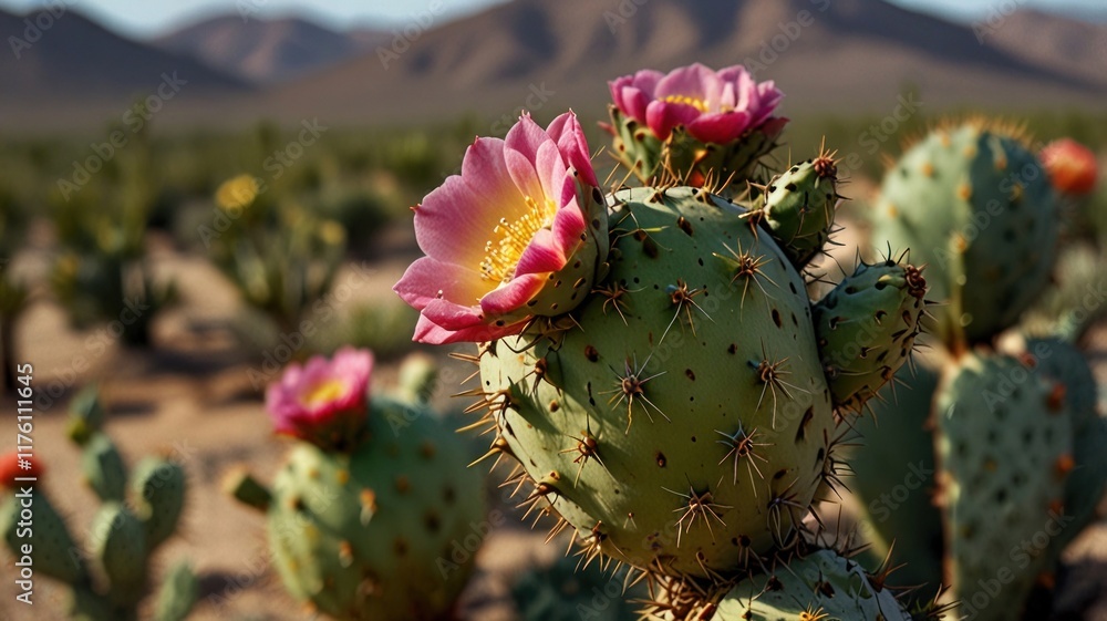 Pink prickly pear cactus flower in bloom in desert. Pink prickly pear cactus flower in bloom in desert.