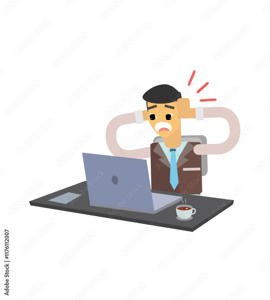 Vector illustration of male businessman character working in front of laptop, cute cartoon illustration Vector illustration of male businessman character working in front of laptop, cute cartoon illustration