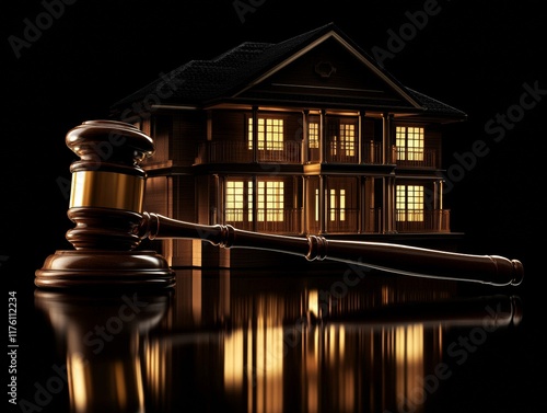 Judge auction and real estate concept. Law hammer and house model. Real estate law. Taxes and profits invested in real estate and home purchase. - ai