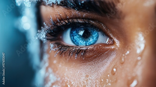 A captivating close-up image of a frosty blue eye, accented with an icy texture that hints at depth and intrigue, enhanced by a melodic background that suggests winter wonder. photo