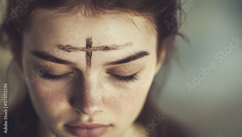 Ash Wednesday. A young woman with an ash cross marked on her forehead.
 photo