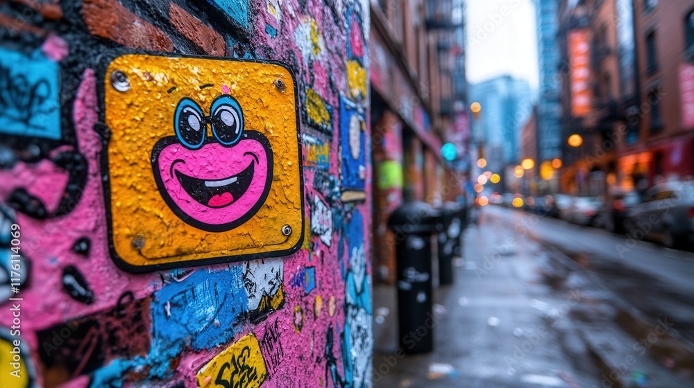 Fototapeta premium This vibrant image showcases a cheerful, cartoon-like graffiti design on a textured wall, bringing a sense of joy and artistic expression to an urban environment.