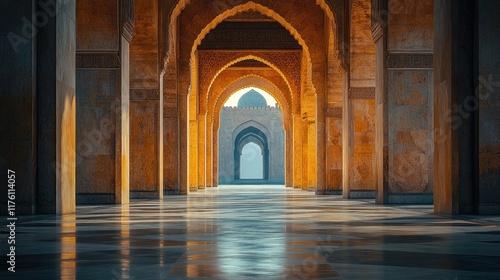 Sunlit arcade leading to mosque courtyard.
