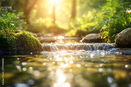 Tranquil forest stream, sunlight reflecting on clear water, vibrant greenery, mossy rocks.