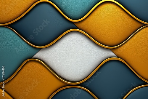 Abstract Gold Trimmed Wavy Teal And Gold Panels photo