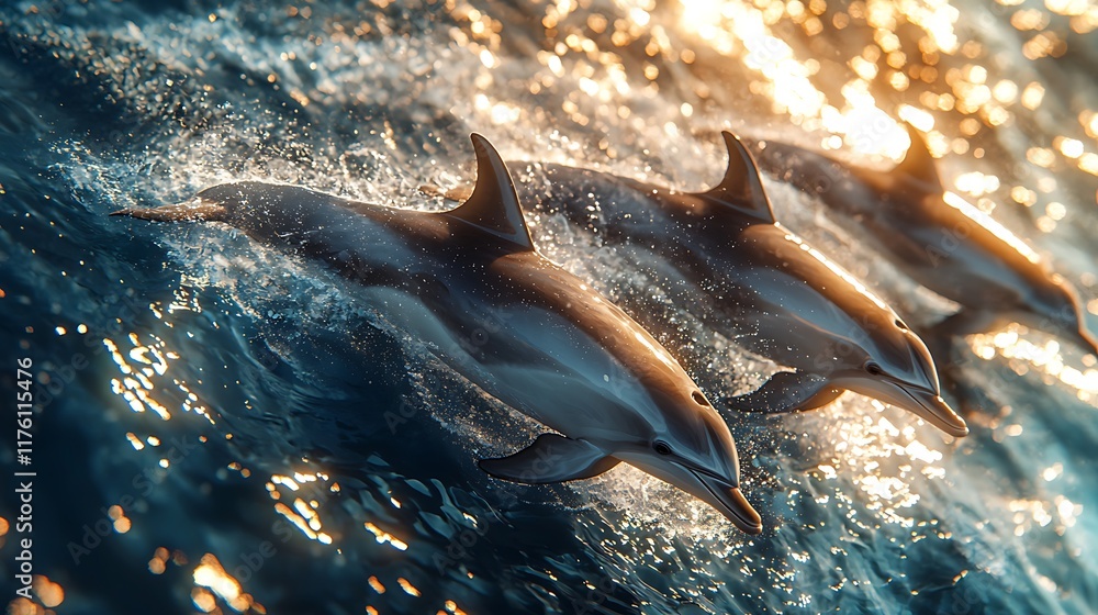 Obraz premium Dolphins leaping in ocean at sunrise
