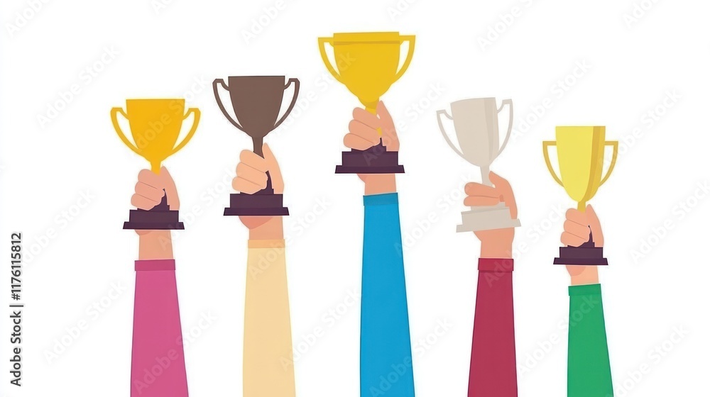 Abstract art design of student's hand holding a trophy showing academic achievement success with white background of confetti around it Abstract art design of student's hand holding a trophy showing academic achievement success with white background of confetti around it