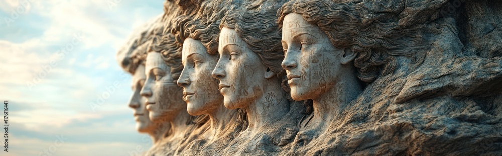 Enigmatic otherworldly faces carved into the rugged mountainside a monumental sculptural work evoking themes of mythology legend and the powers of nature This striking Enigmatic otherworldly faces carved into the rugged mountainside a monumental sculptural work evoking themes of mythology legend and the powers of nature This striking