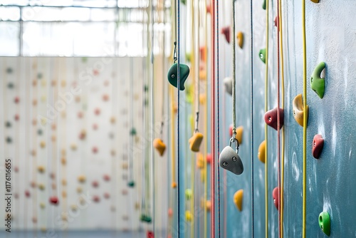 Colorful handholds scattered across a vertical wall photo