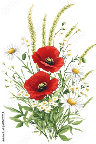 A vintage botanical illustration of wildflowers, including poppies and daisies, arranged in an elegant composition on white background. The flowers should be detailed with delicate petals and  photo