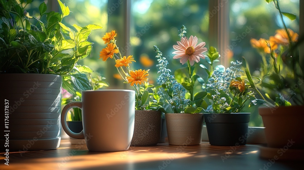 Sunlit morning coffee with potted flowers on windowsill. Sunlit morning coffee with potted flowers on windowsill.