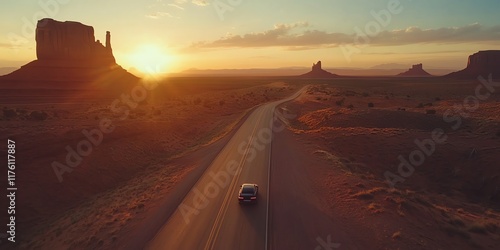 Car travels down a desert road at sunset with stunning rock formations ahead. photo