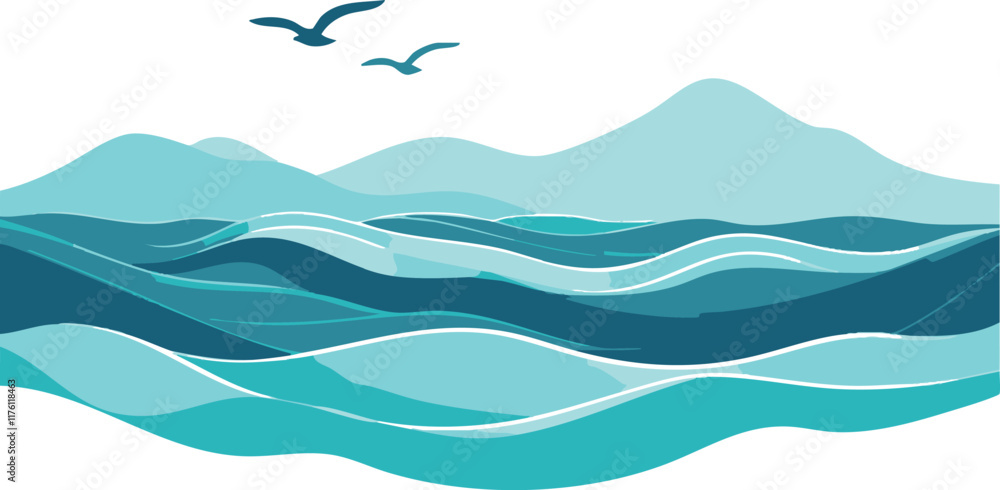 Blue waves with flying birds and mountains in the background Blue waves with flying birds and mountains in the background