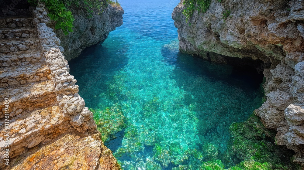 A serene coastal view showcasing clear turquoise waters and rocky formations. A serene coastal view showcasing clear turquoise waters and rocky formations.